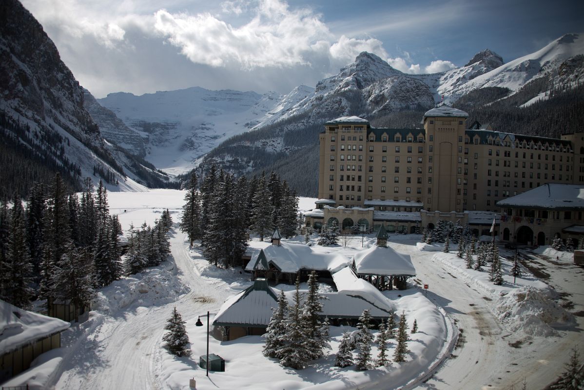 03A Chateau Lake Louise Daytime In Winter With Lake Louise, Mount Victoria, Mount Whyte, Big Beehive, Mount Niblock and Mount St Piran